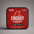 JUICD Energy cranberry dissolvable strip tin on grey background